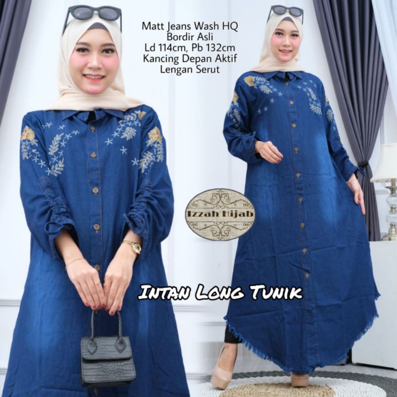 Intan long tunik by izzah hijab / gamis jeans / baju jeans / long tunik jeans