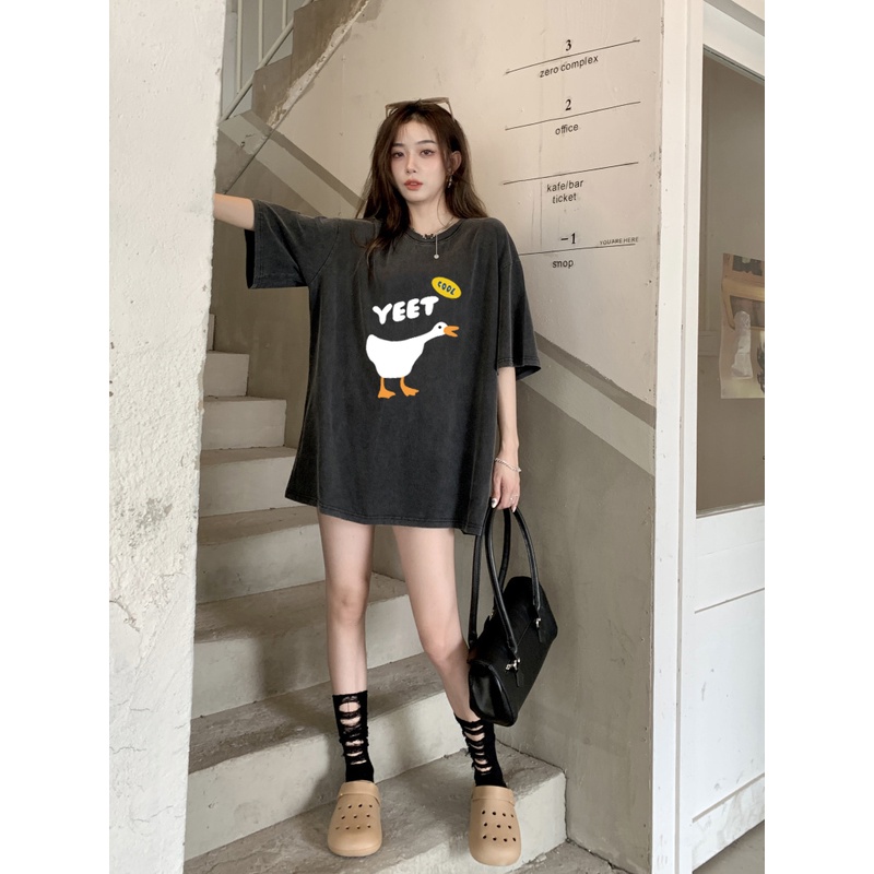 XIAOZHAINV Korean Style Cool Duck Pattern Washed Printing Kaos Wanita A0433