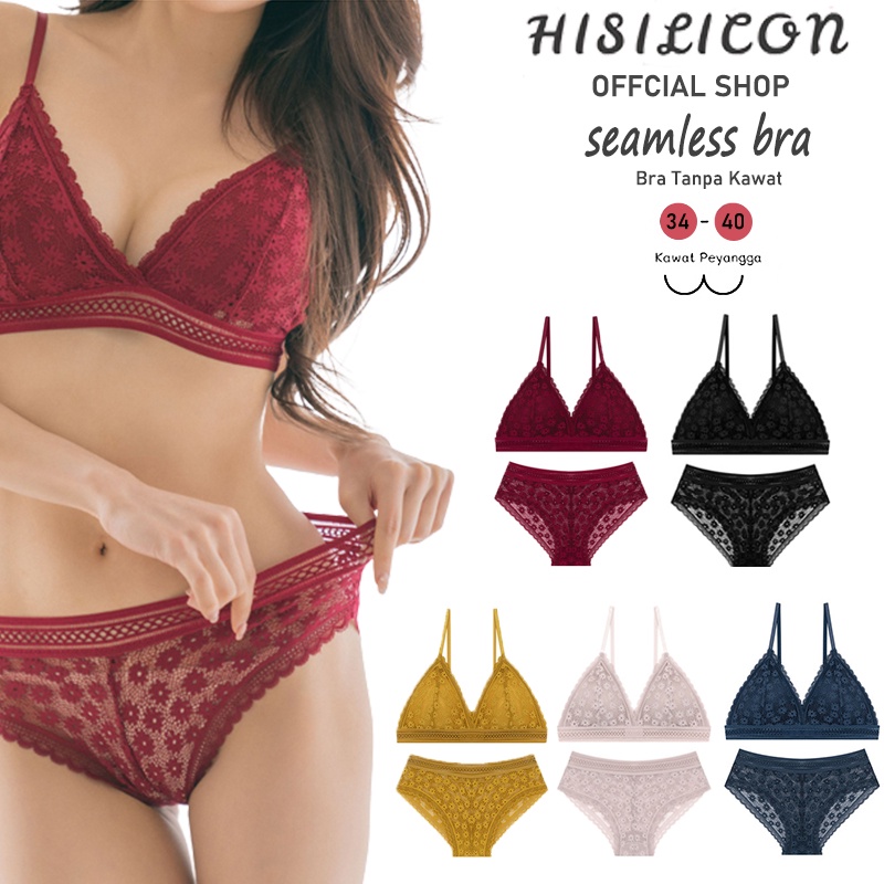 HISILICON Bra Set Tanpa Kawat Busa Tipis Bahan Brokat CUP A - B Kait 2 Bra Transparan BH 7338 Sarwen