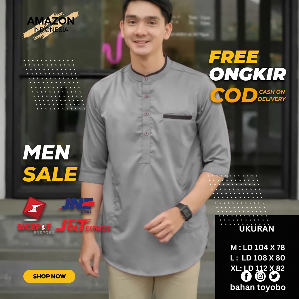 BAJU ATASAN KEMEJA PRIA LENGAN PANJANG PENDEK 3/4 WARNA ABU ABU GREY BAHAN KATUN COTTON TOYOBO PREMIUM