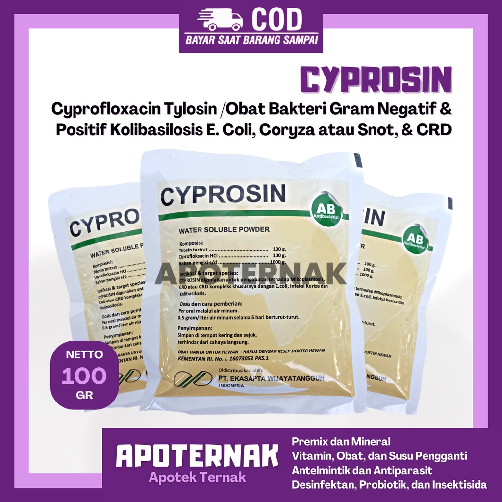 CYPROSIN 100 gr | Obat Infeksi Bakteri CRD Coryza Snot Kollibasilosis Pada Unggas Ayam | Cyprofloxacin Tylosin