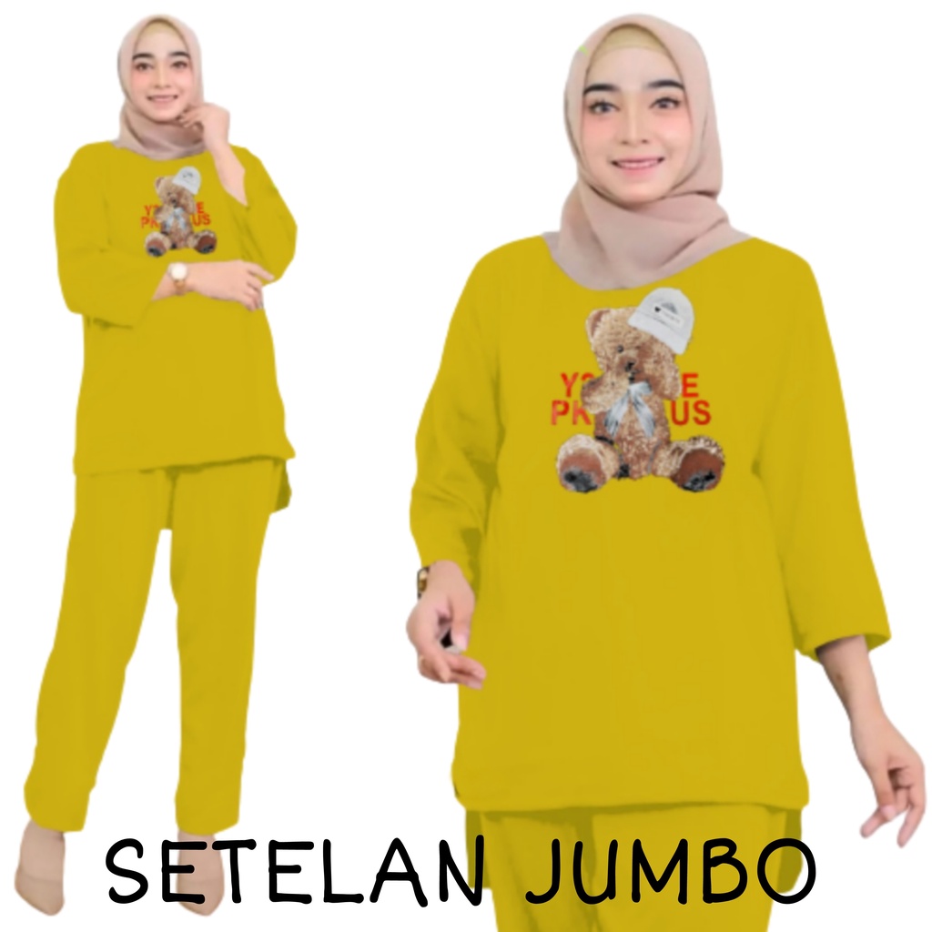 Setelan Kaos Wanita Dewasa Oversize Ld 130 cm Terbaru 2023 Viral Gambar DTF Bahan Kaos Babyterry Tangan 3/4 dan Celana Panjang One Set Wanita Dewasa Jumbo Kekinian Atasan Baju Wanita Dewasa Big Size Stelan Baju Wanita Santai Cewek Beruang Topi