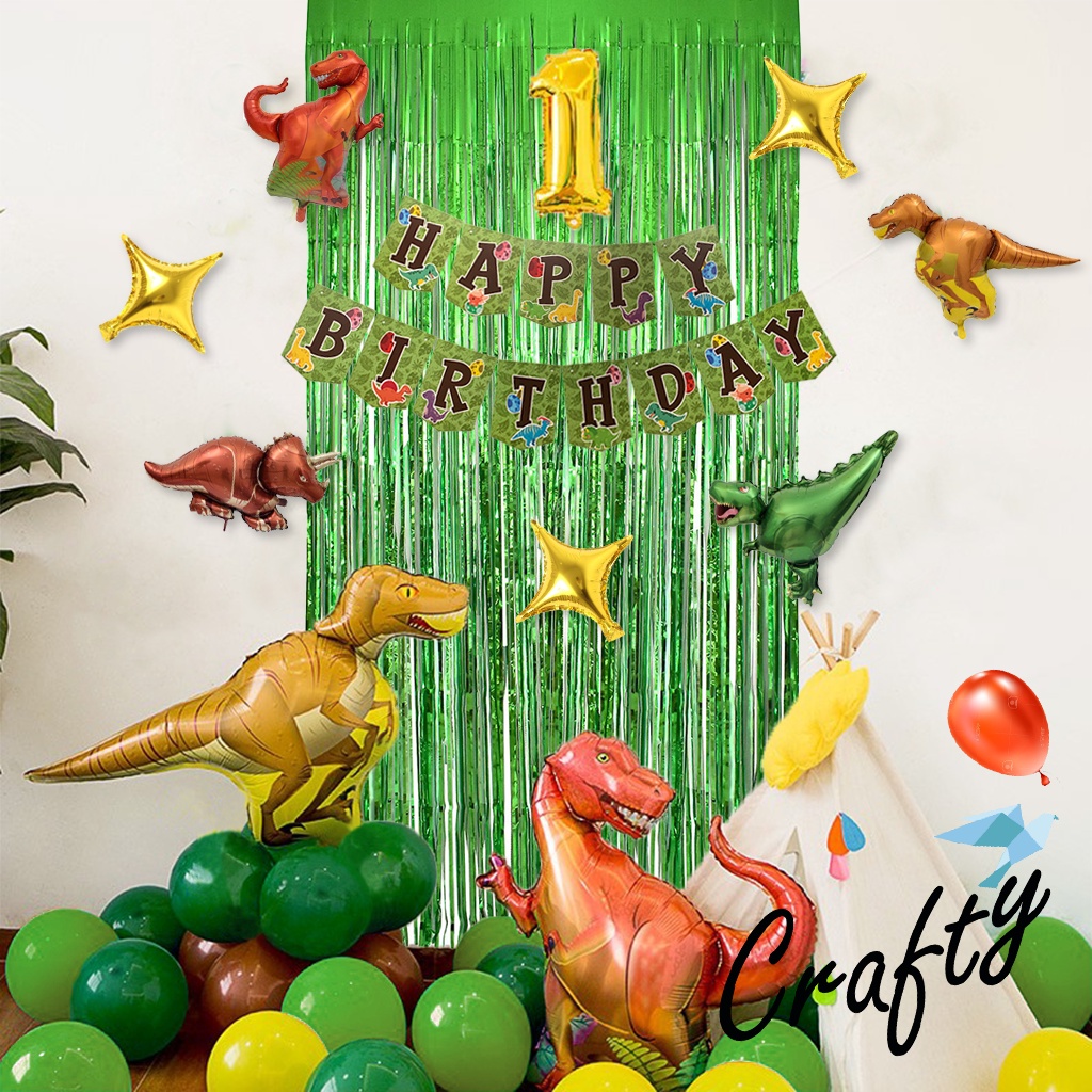 [PAKET] BIRTHDAY set BANNER DINO GREEN CURTAIN Dekorasi Pesta Backrop Ulang Tahun Anak