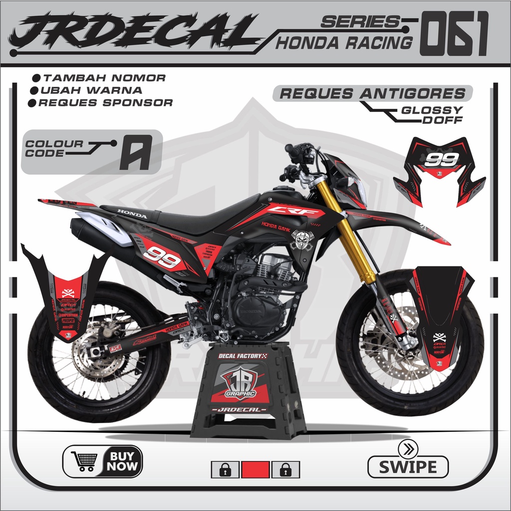 DECAL STIKER CRF 150L HITAM SUPERMOTO FULLBODY BISA REQUES NAMA NOMOR SPONSOR - DECAL STICKER CRF 15