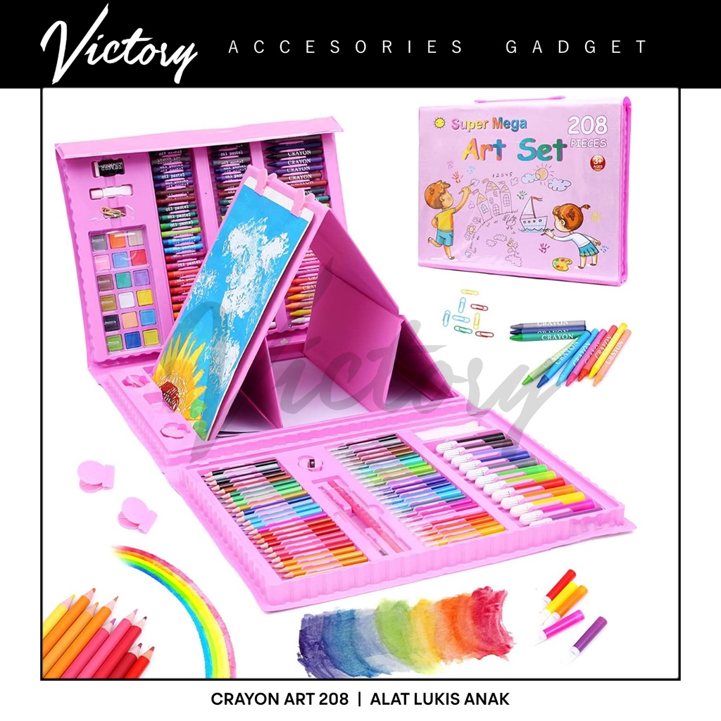 VICTORY Crayon Anak Pengasah 208pcs Set Alat Menggambar Melukis Anak-anak Crayon Cat Air Pensil