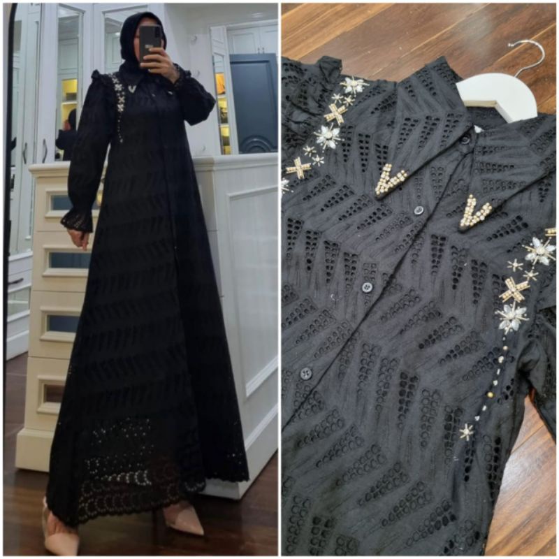 Gamis/midi dress katun bordir/brukat + fayet Ori by Edness kayla