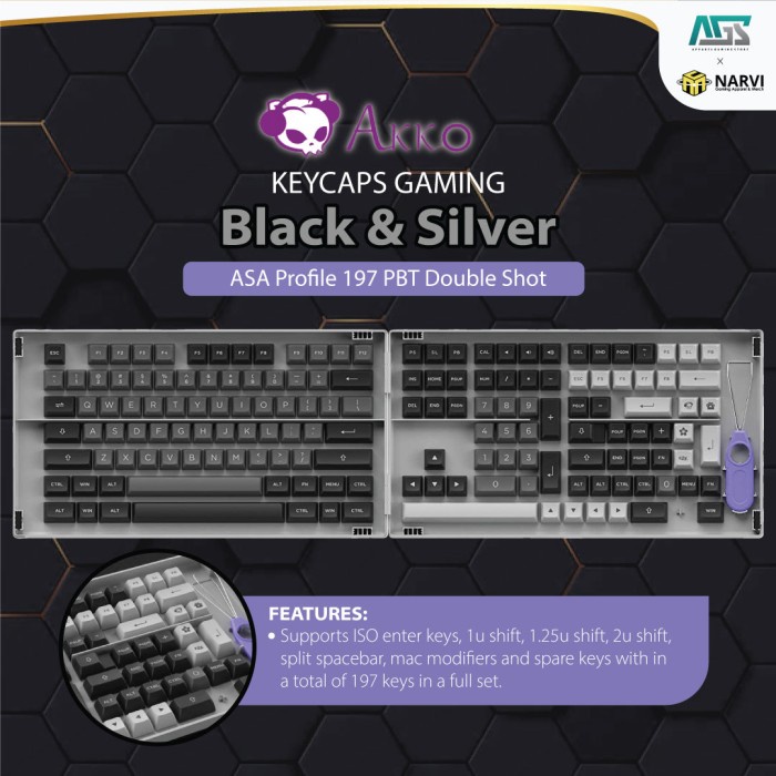Terlaris Akko Black & Silver Asa Profile 197 Pbt Double Shot - Keycaps Gaming