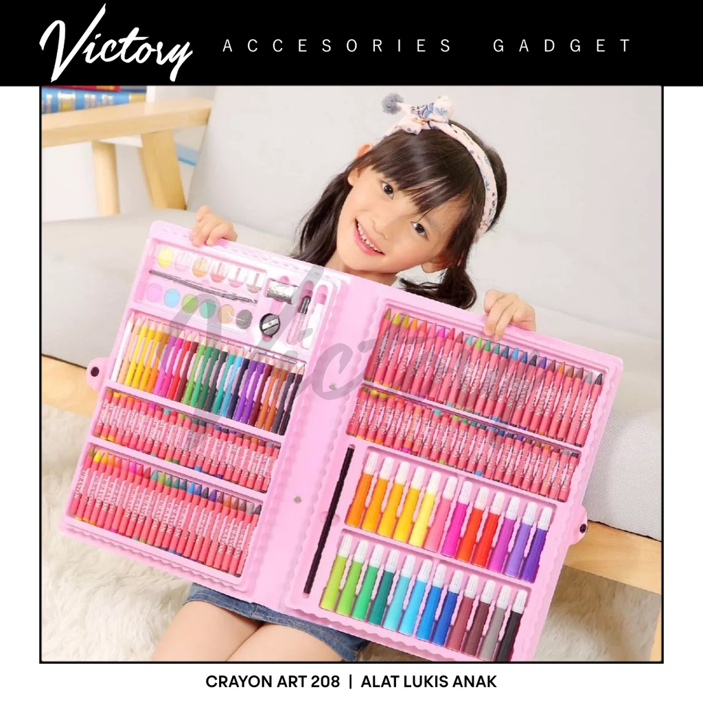 VICTORY Crayon Anak Pengasah 208pcs Set Alat Menggambar Melukis Anak-anak Crayon Cat Air Pensil