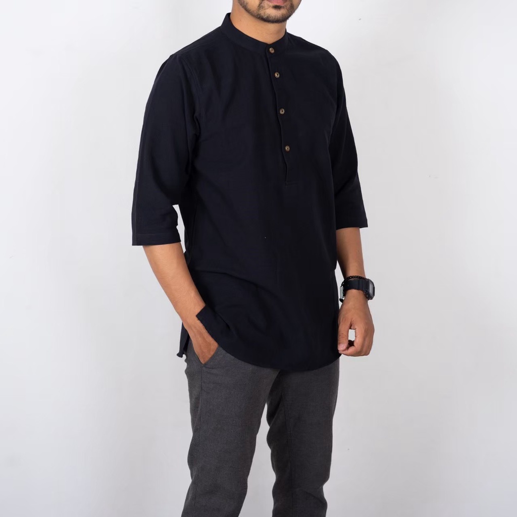 AL HABSYI Baju Muslim Pria Dewasa Original Kurta Lengan Tiga Perempat Koko Linen Pakaian Kurta Pakistan Premium Terbaru RAMY MOCCA