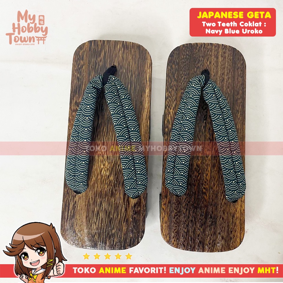 Geta Bakiak Sandal Kayu Two Teeth Coklat Tradisional : Navy Blue Uroko