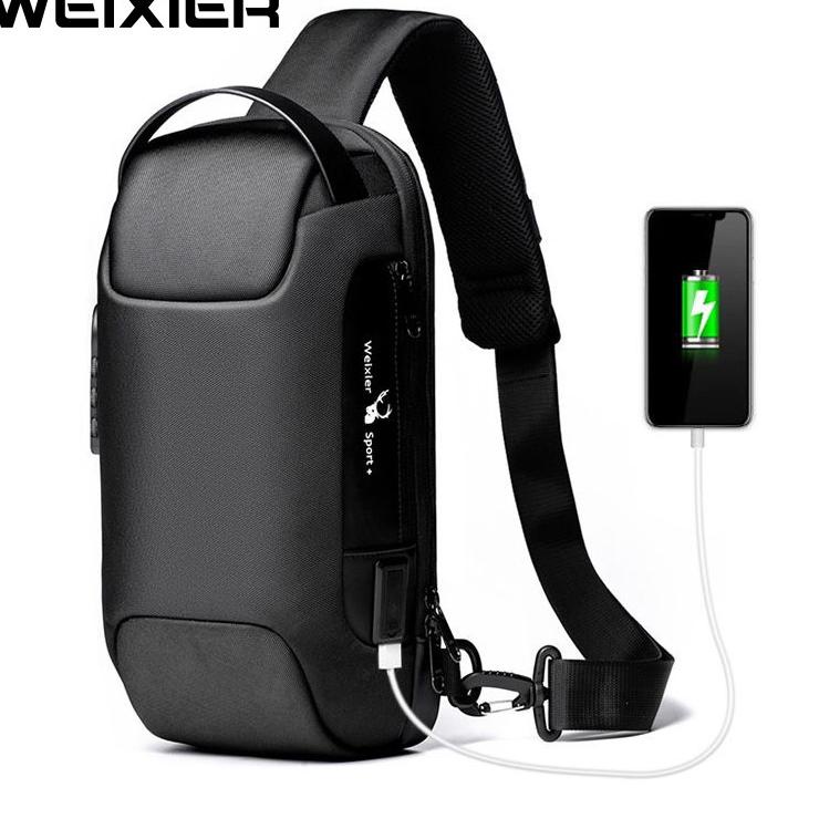 ♢ WEIXIER 9529 Tas Selempang Pria Shoulder Bag Anti Maling USB Port Anti Air WX-OS ♩