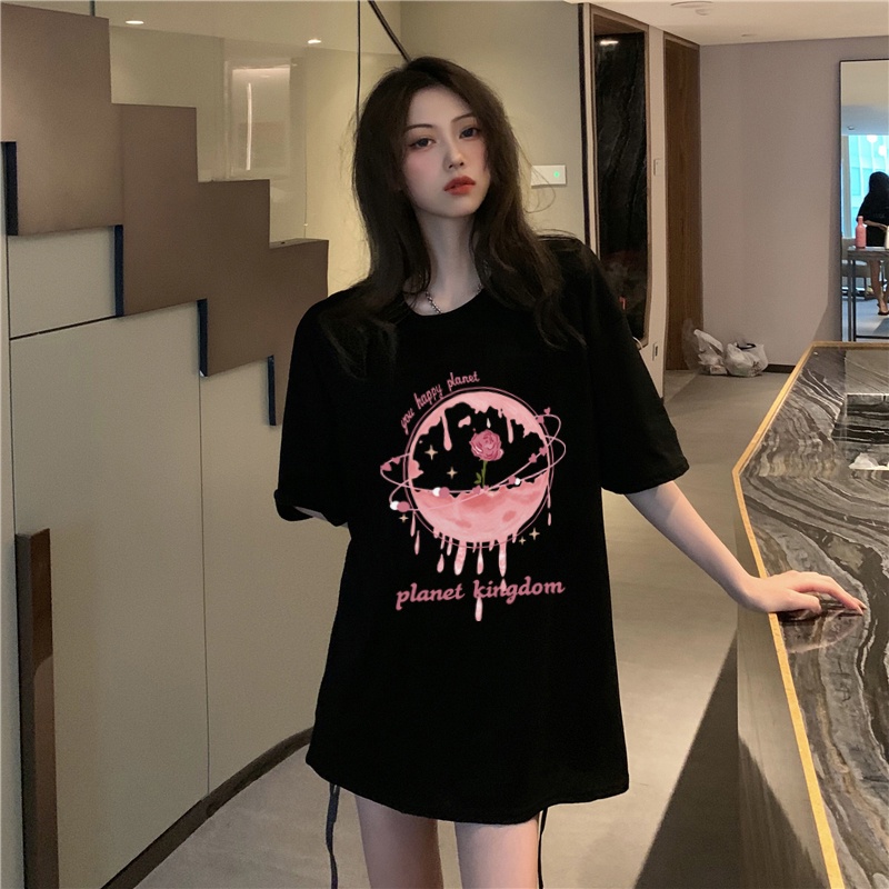 XIAOZHAINV Kaos Atasan Wanita Rose Planet Pattern Lengan Pendek A0408