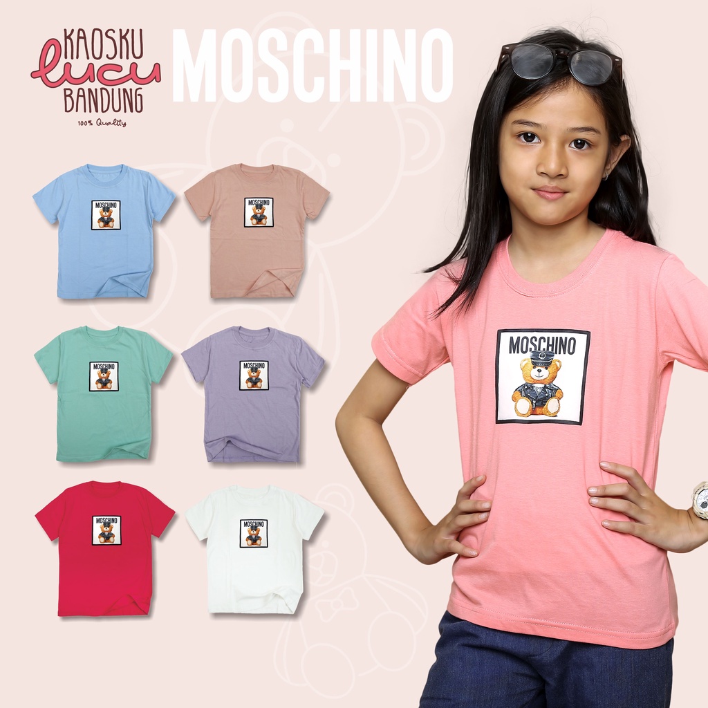 kaos distro anak moschino, kaos terlaris, tshirt anak perempuan, atasan anak 1-12 tahun, kaos katun premium, kaos anak lengan pendek