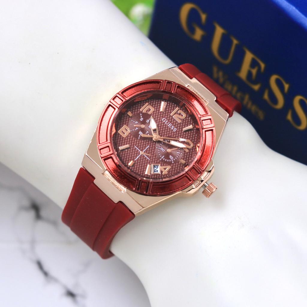( BISA COD ) Jam tangan Wanita GUESS Rubber body bulat Tali Karet Tanggal aktif Include BOX Original