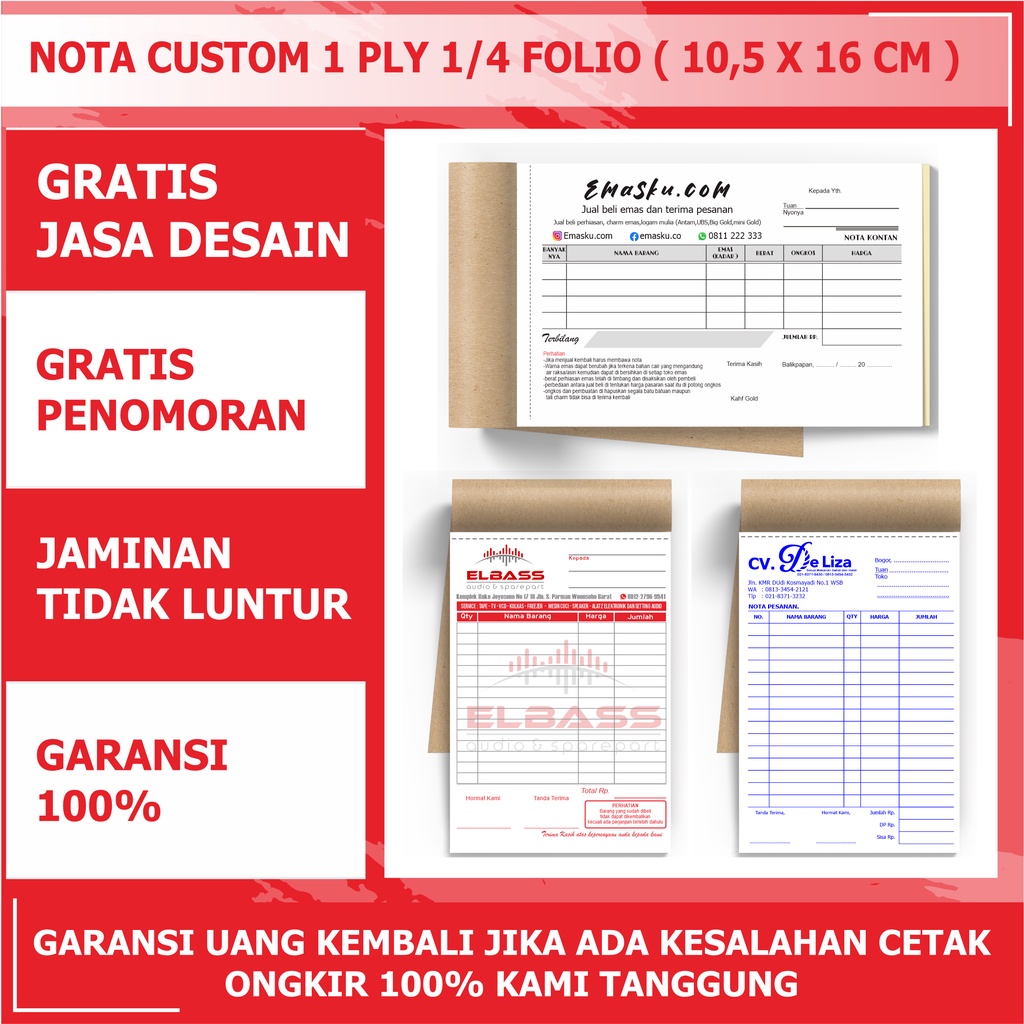 

NOTA CUSTOM - CETAK NOTA -- 1 PLY UKURAN 1/4 FOLIO -- INVOICE Bon Surat Jalan Kwitansi Olshop MURAH