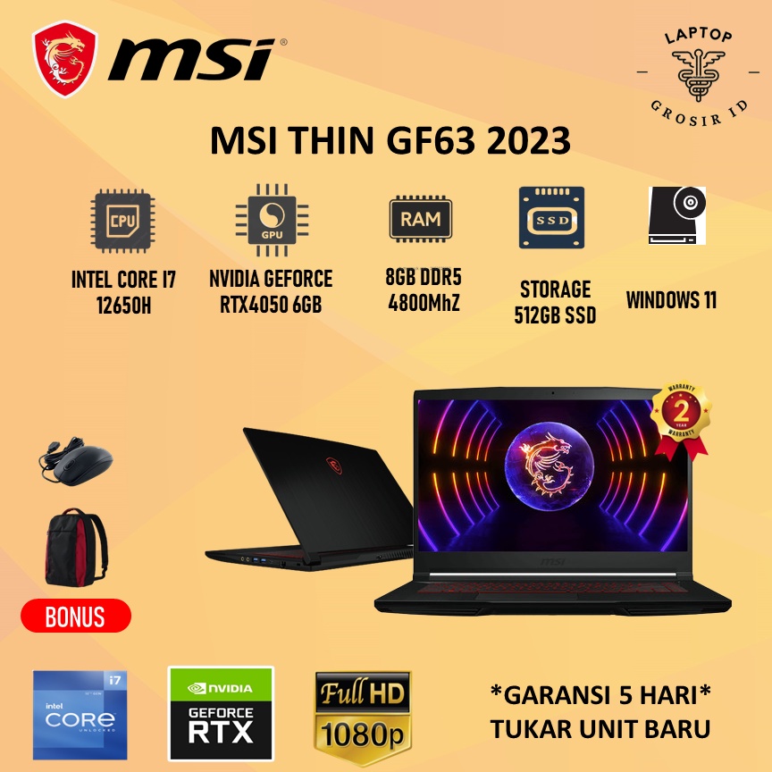 Laptop MSI THIN GF63 RTX4050 I7 12650H 16GB 512SSD W11 15.6FHD IPS 144HZ