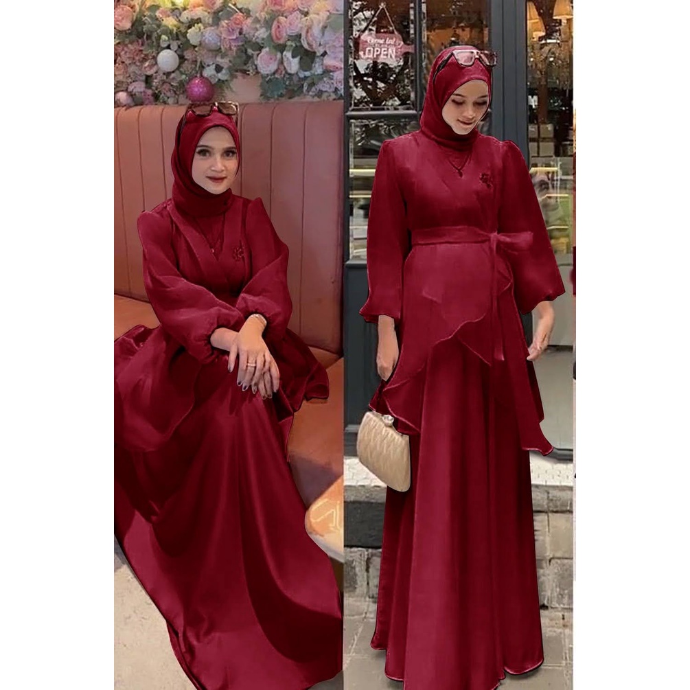 ELDE 12 - MAXI ORGANZA MAXY DRESS ( M - L - XL - XXL ) BAHAN VELVET BAGIAN CARDI ORGANZA DEPAN NYATU, LENGAN LAPIS ORGANZA, SLETING DAN KARET BELAKANG + BELT TALI ORGANZA ( NO BROSS )