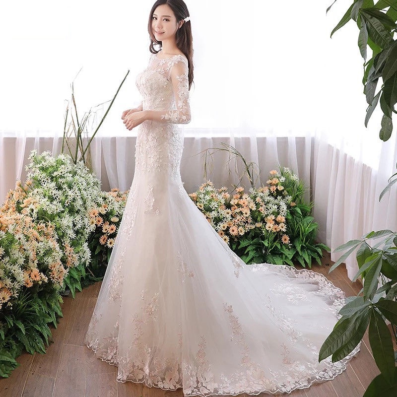 White Lace Long Sleeve Slim Fit Mermaid Long Tail Bridal Dresses Fishtail Wedding Dresses