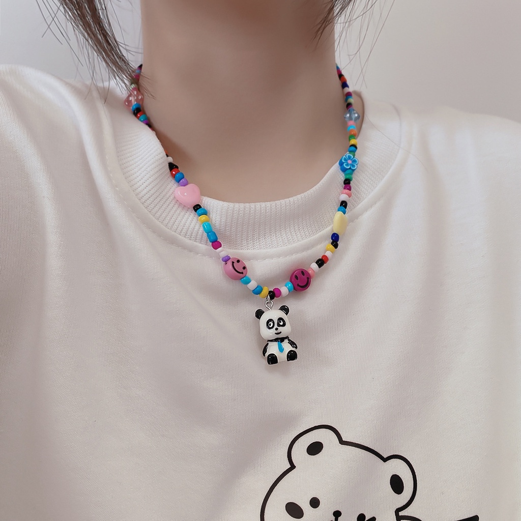 Kalung Liontin Panda Lucu Warna-Warni Smiley Face Love Beads Rantai Klavikula