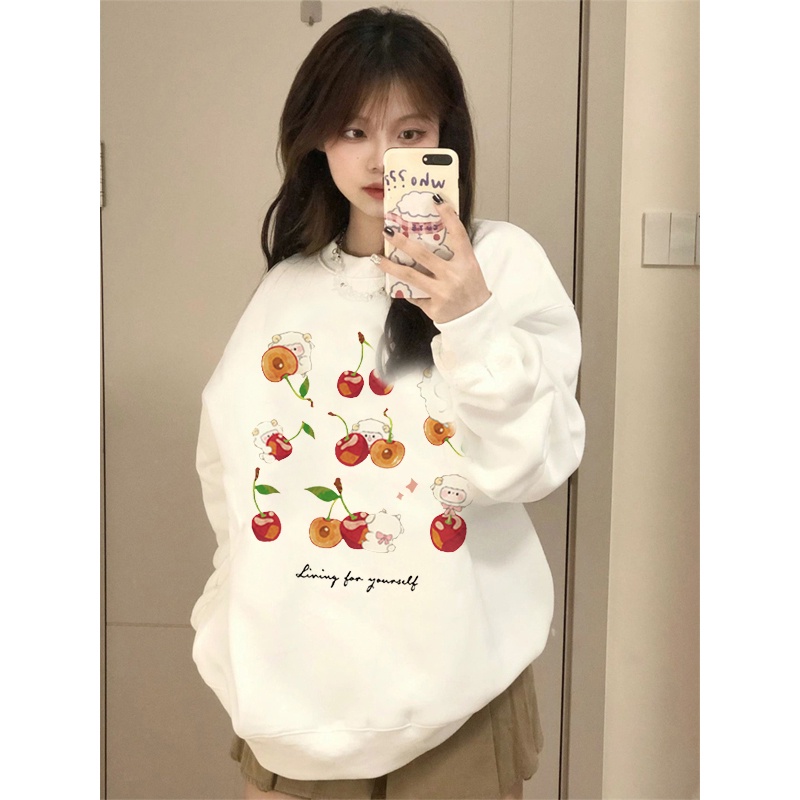 EUNII Sweater Lengan Panjang Cartoon Lamb Cherry Korean Style/Sweater Crop/Baju Wanita/Switer Wanita/Switer