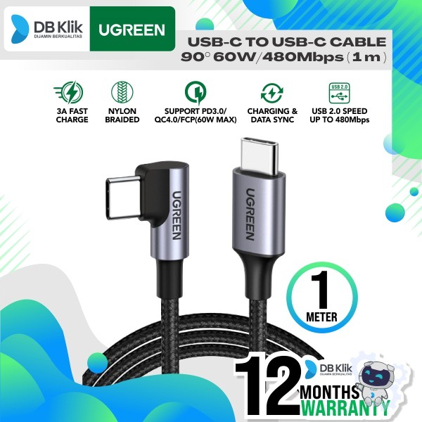 Kabel UGreen USB-C to USB-C 90° 60W/480Mbps Nylon Braided 1Meter-50123