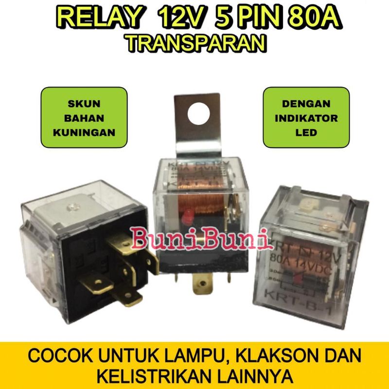 RELAY Transparan Bening 12V KAKI 5 Pin 80A Untuk Riley Lampu Klakson Alarm Mobil / Motor - 12V 5 KAKI