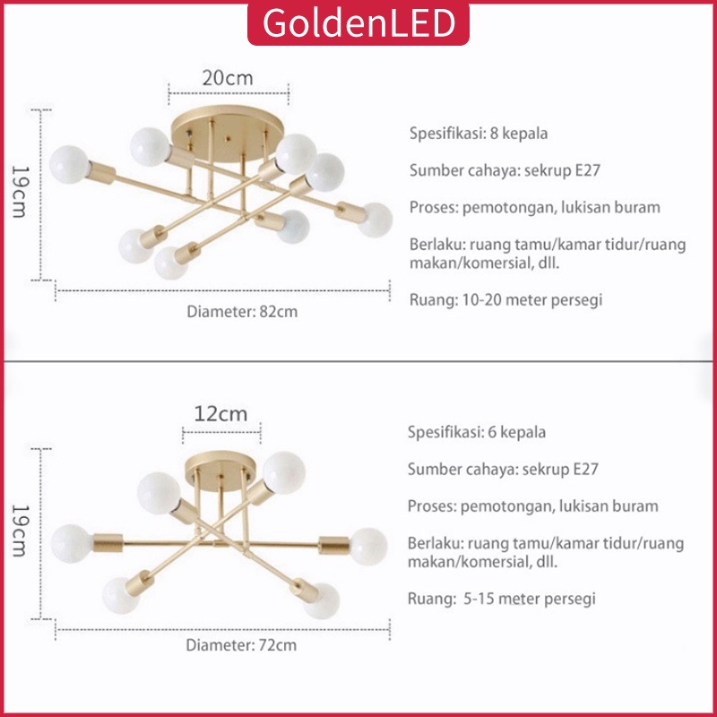 Golden LED Lampu Gantung Lampu Hias Rumah 6 /8 Led E27 Industrial Bahan Besi Untuk Plafon Ruang Tamu Modern minimalist chandelier (Termasuk bola lampu gratis)