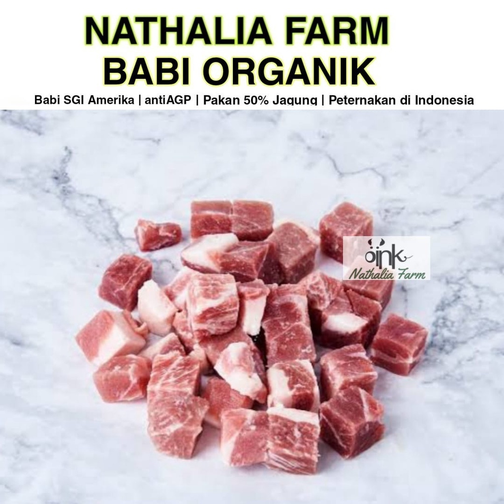 

Daging Babi Organik LEHER CUBE Potongan Dadu 3cm Nathalia Farm Organik Organic Pork 500gr