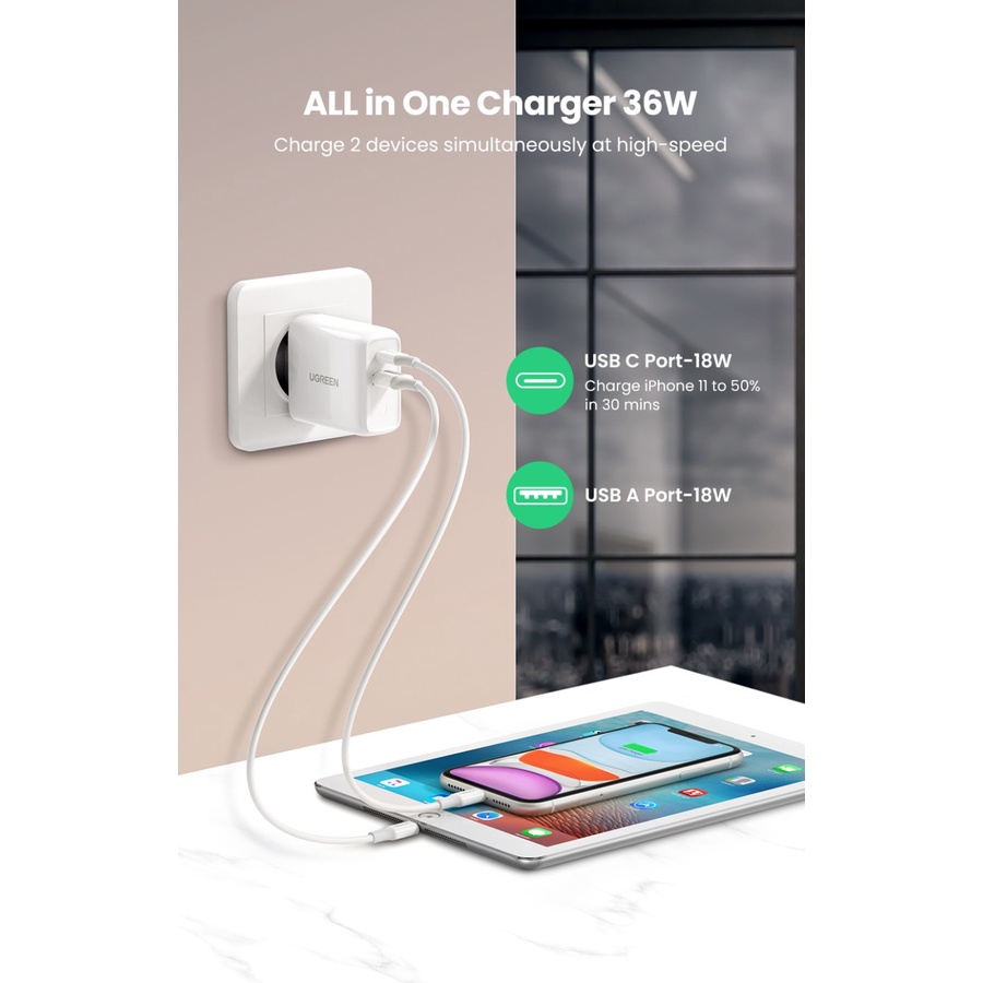 Fast Charger UGreen Dual Port USB-C / USB-A 36W (60468)