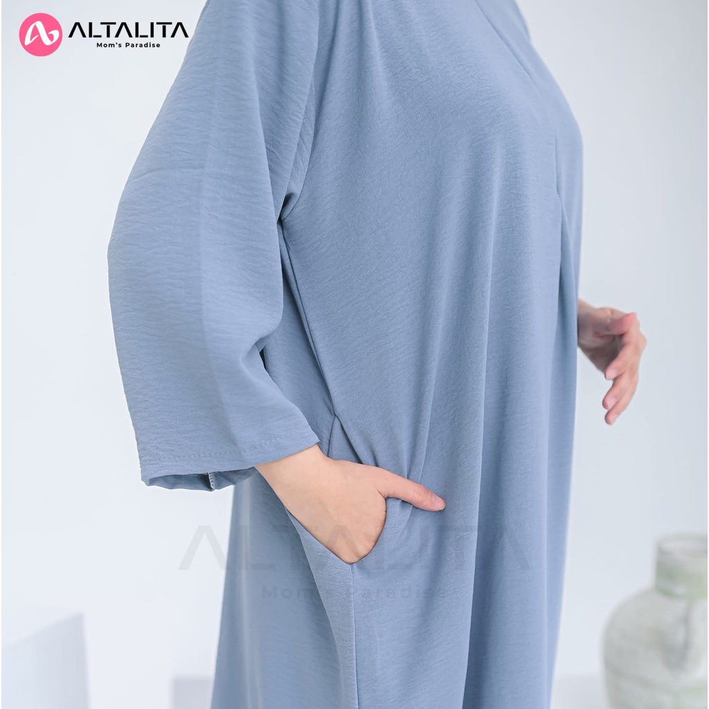 Altalita - Daster Gamis Kekinian Cringkle Airflow Polos Lengan Tangan 3/4 Busui Panjang Semata Kaki Jumbo LD 120