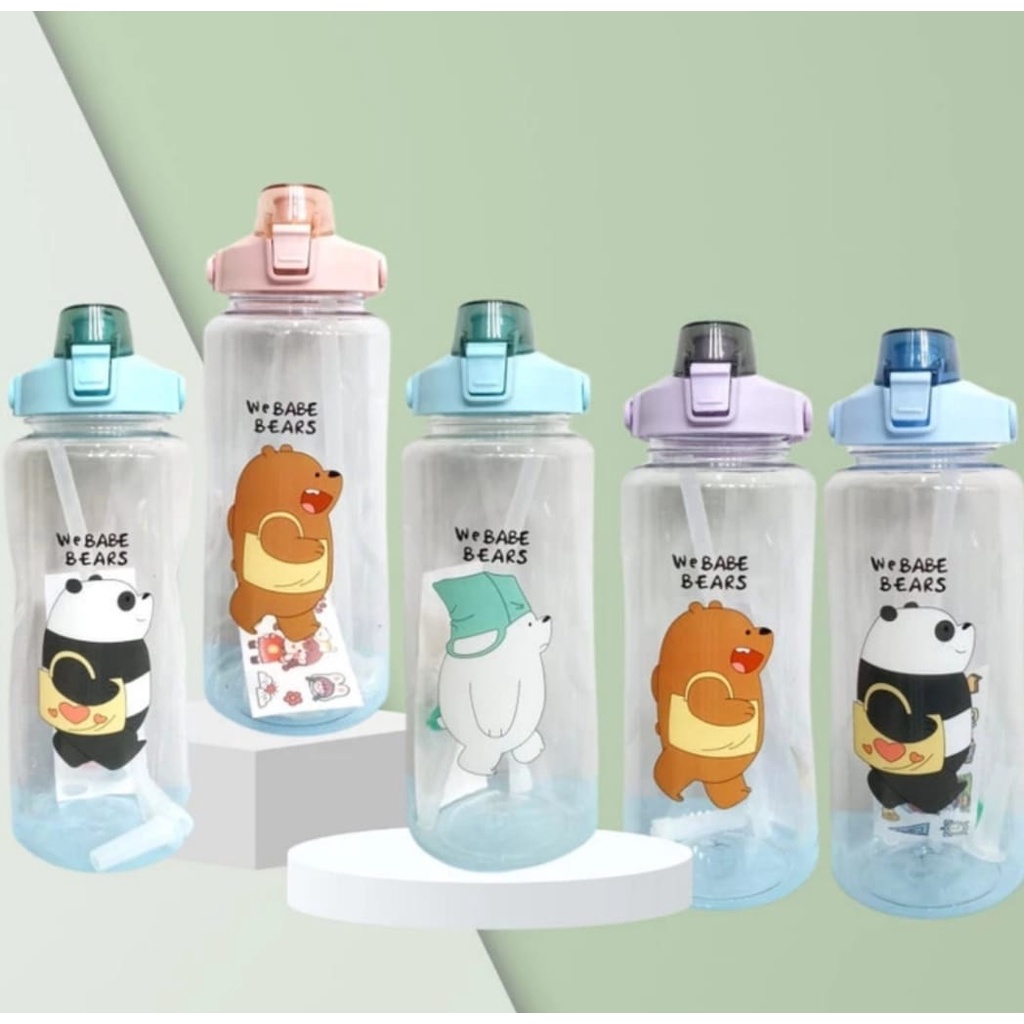 Botol Minum 2 Liter Viral Bening Transparan Motif We Bear Free Sticker 2D&amp;3D BPA Free-Botol Motivasi 2 Liter Bening Transparan Water Drink+Sticker 2D&amp;3D