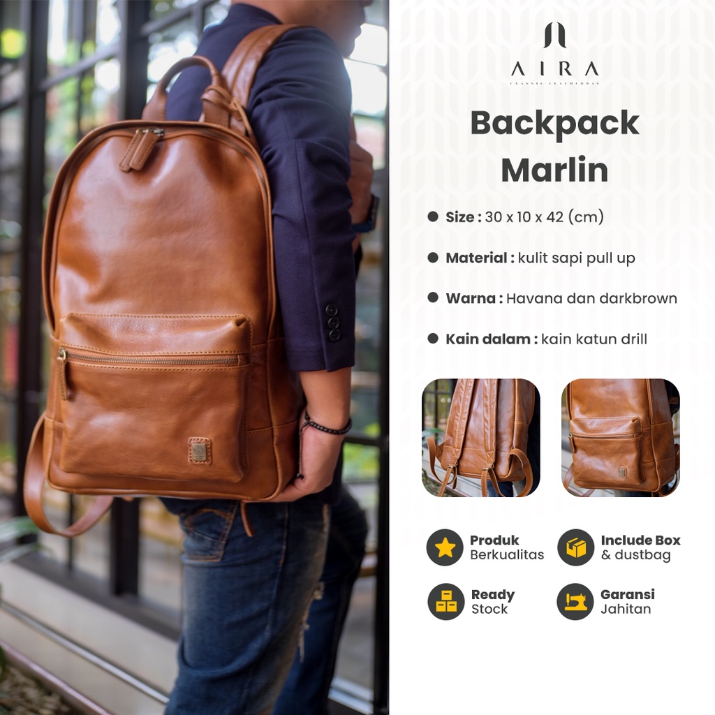 Ransel Pria Tas Punggung Kulit Sapi Asli Backpack Marlin Laptop 14 Inchi Bahan Pull Up Leather Terbaru Tali Adjustable Kekinian Original