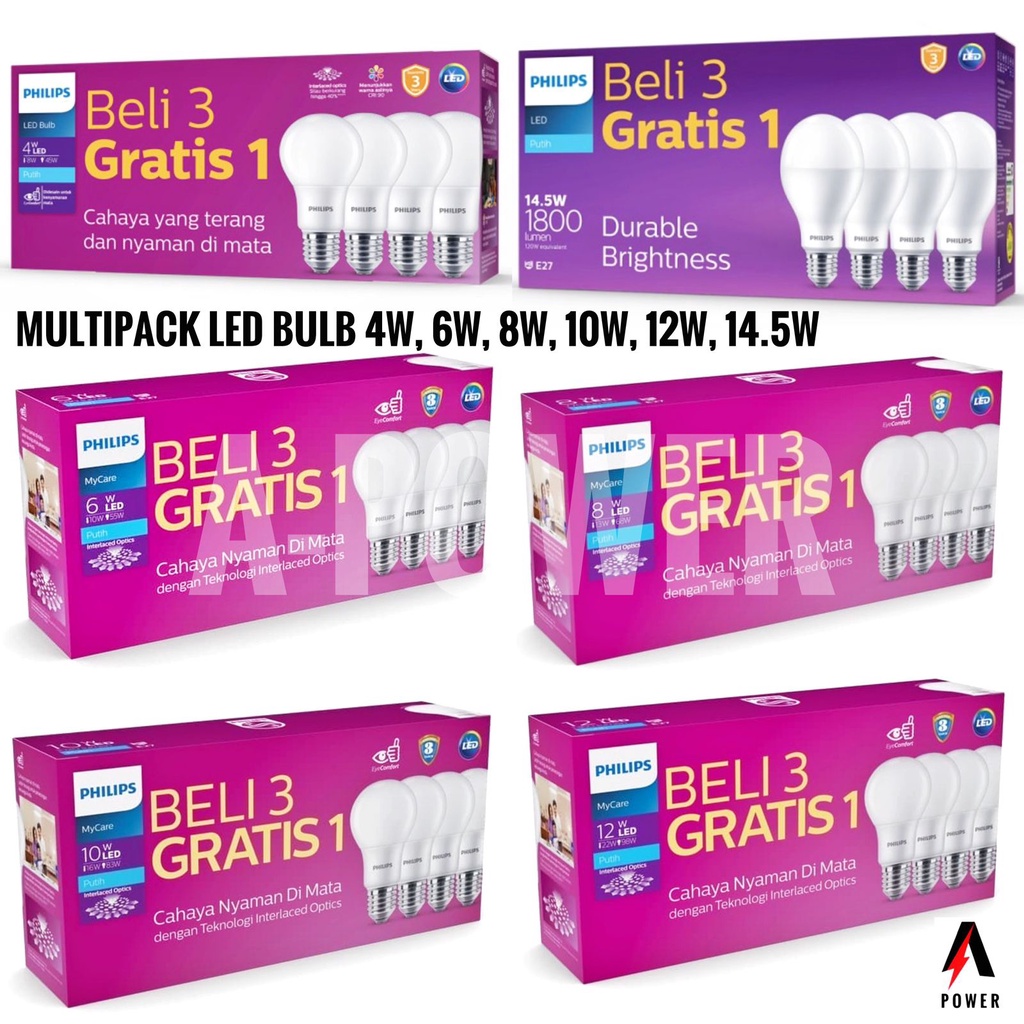 Philips - Lampu LED Bulb/Bohlam Multipack 4W, 6W, 8W, 10W, 12W, 14.5W (Putih)