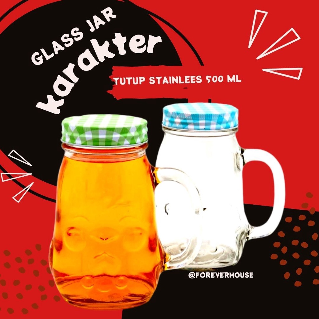 GELAS JAR KACA KARAKTER TUTUP STAINLES / GELAS JAR UNIK / GELAS DRINKING JAR 500 mL