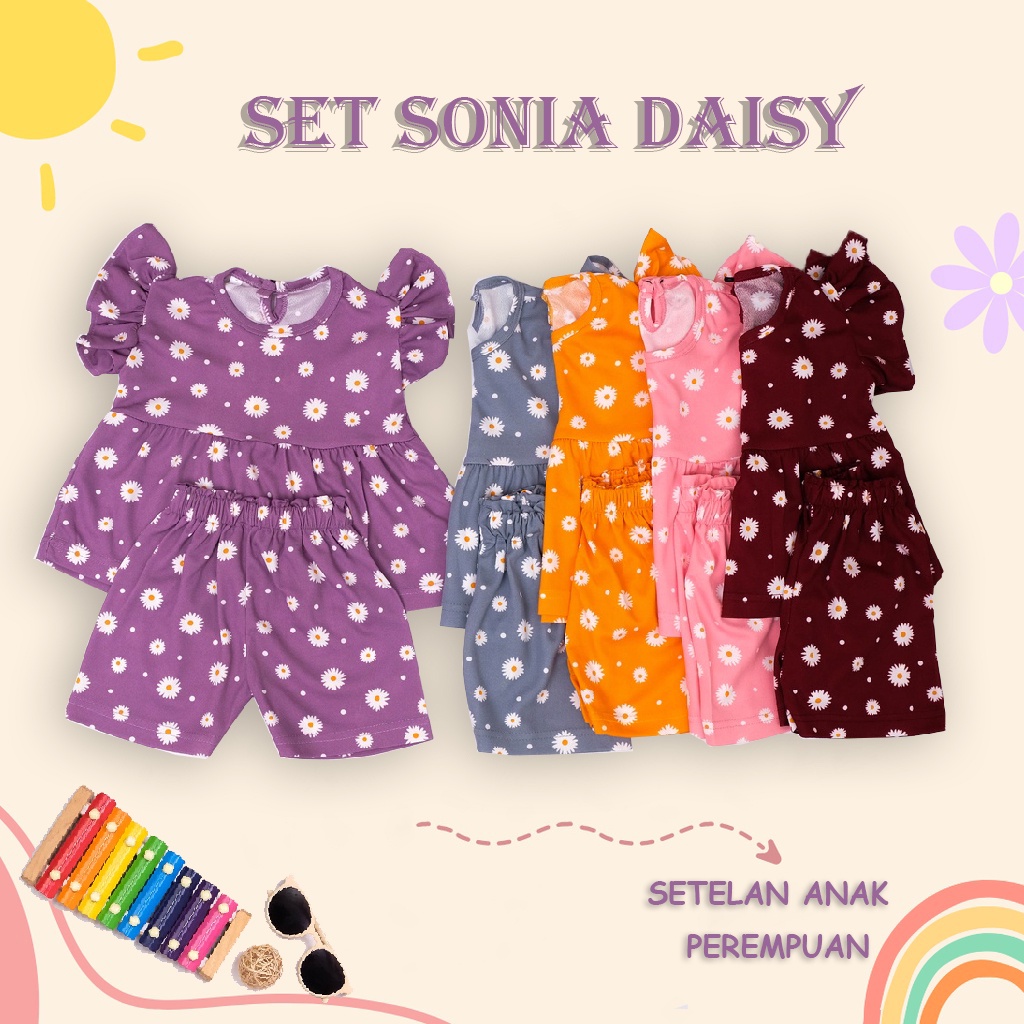 IL - SET SONIA DAISY / SETELAN BAJU ANAK PEREMPUAN RUFFLE MOTIF BUNGA