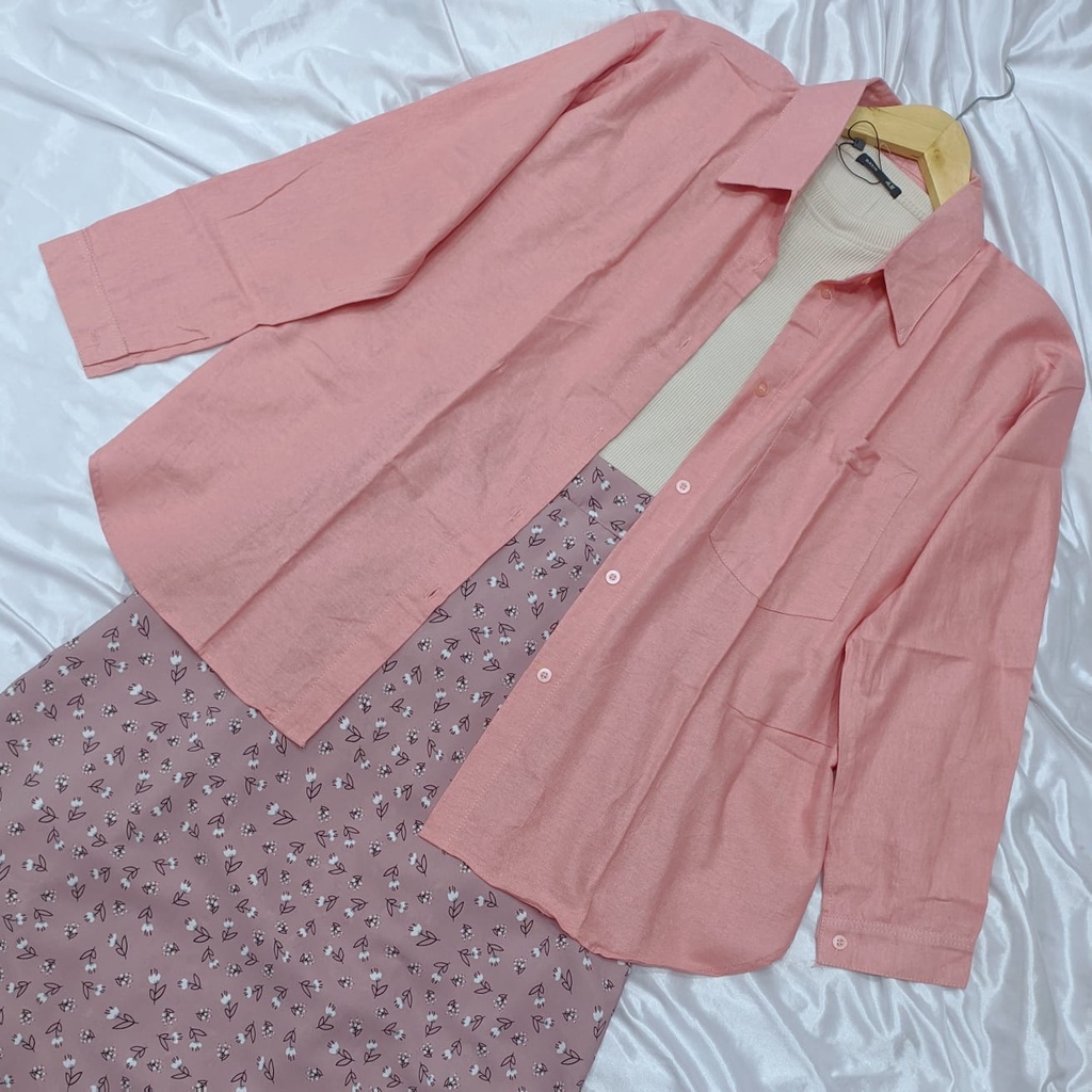 SETELAN ONESET LINEN + KAOS RIB PREMIUM + ROK FLORAL / ONE SET KEMEJA LINEN