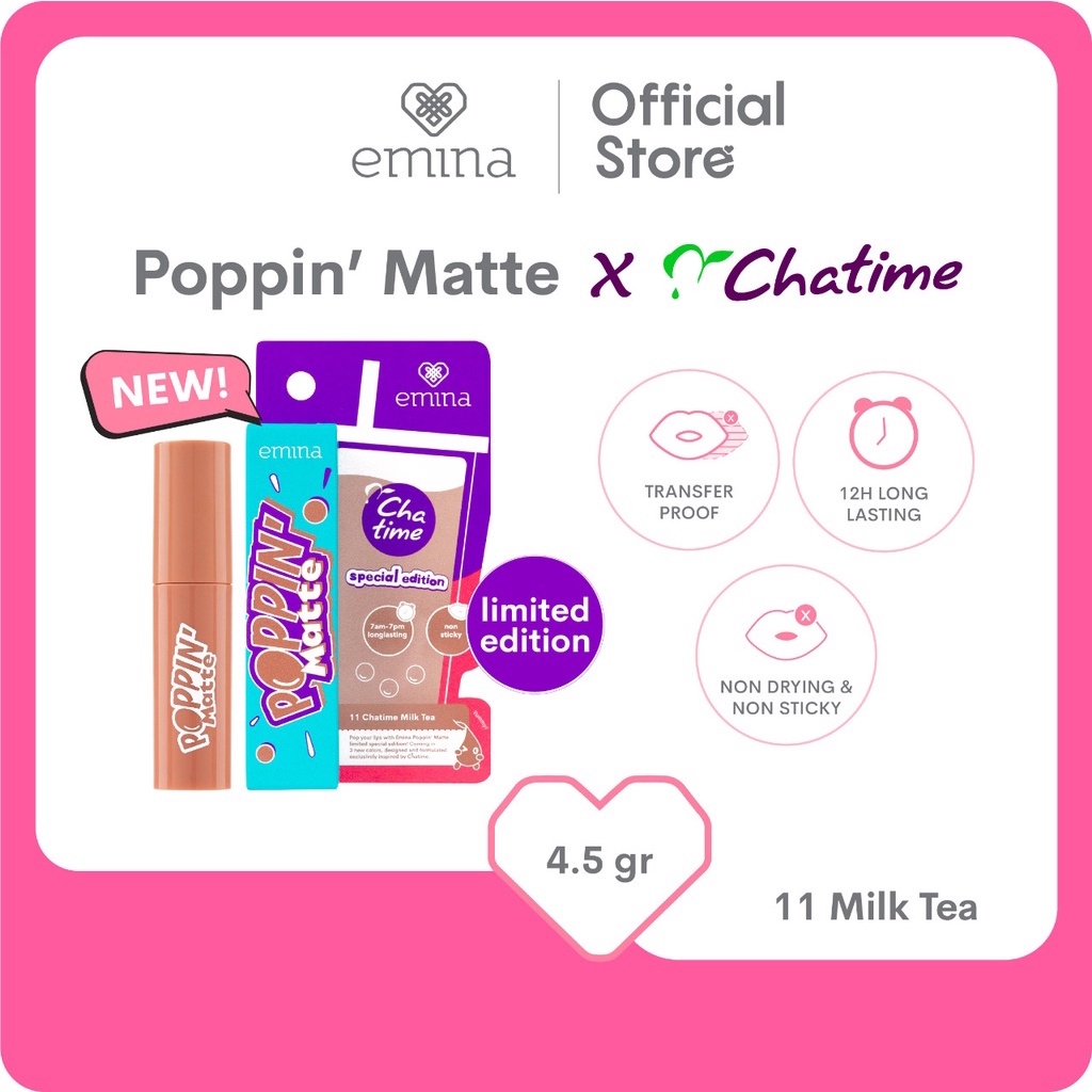 Emina Poppin' Matte x Chatime Edition 4.5 g - Lip Matte Transferproof, Long-Lasting