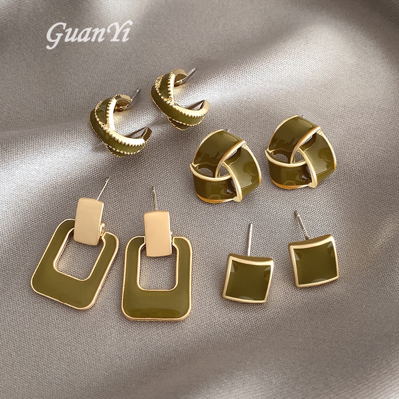 Anting Wanita Tindik Stud Earrings Hijau Musim Panas Gaya Korea