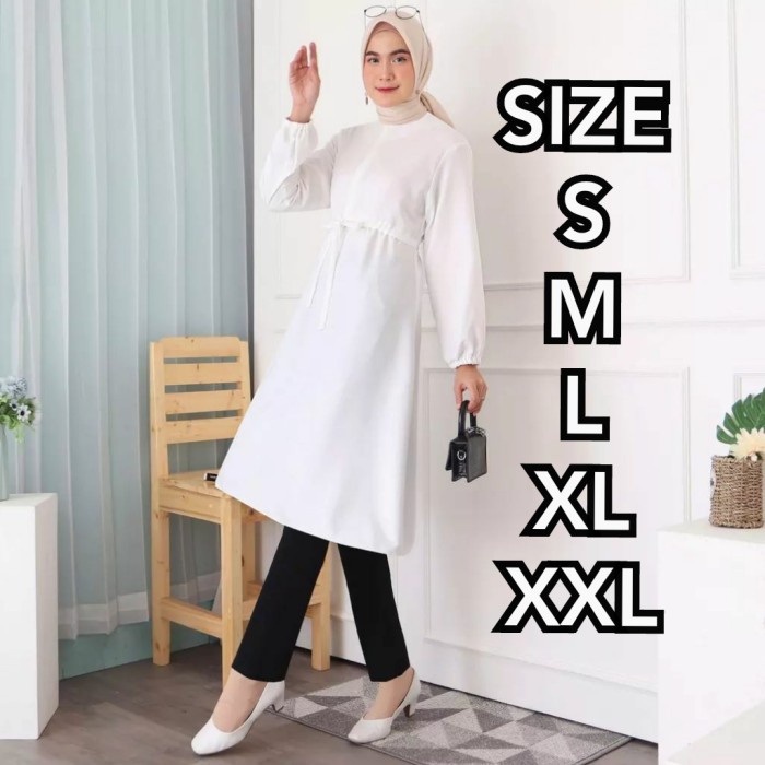 Gamis Set New Tunik Polos Atasan Muslim Wanita murah & Terlaris - Putih Tali L - Putih, L Y2D6