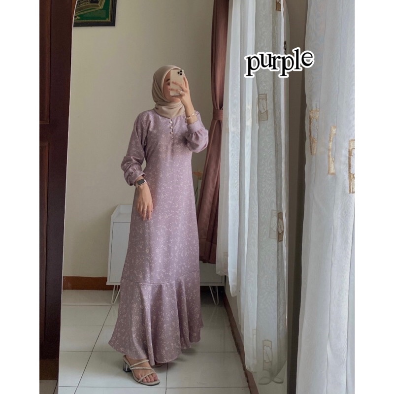 SHAKIRA DRESS | GAMIS MOTIF BUNGA KATUN FLOWER CRINKLE JUBAH ABAYA LEBARAN-purple