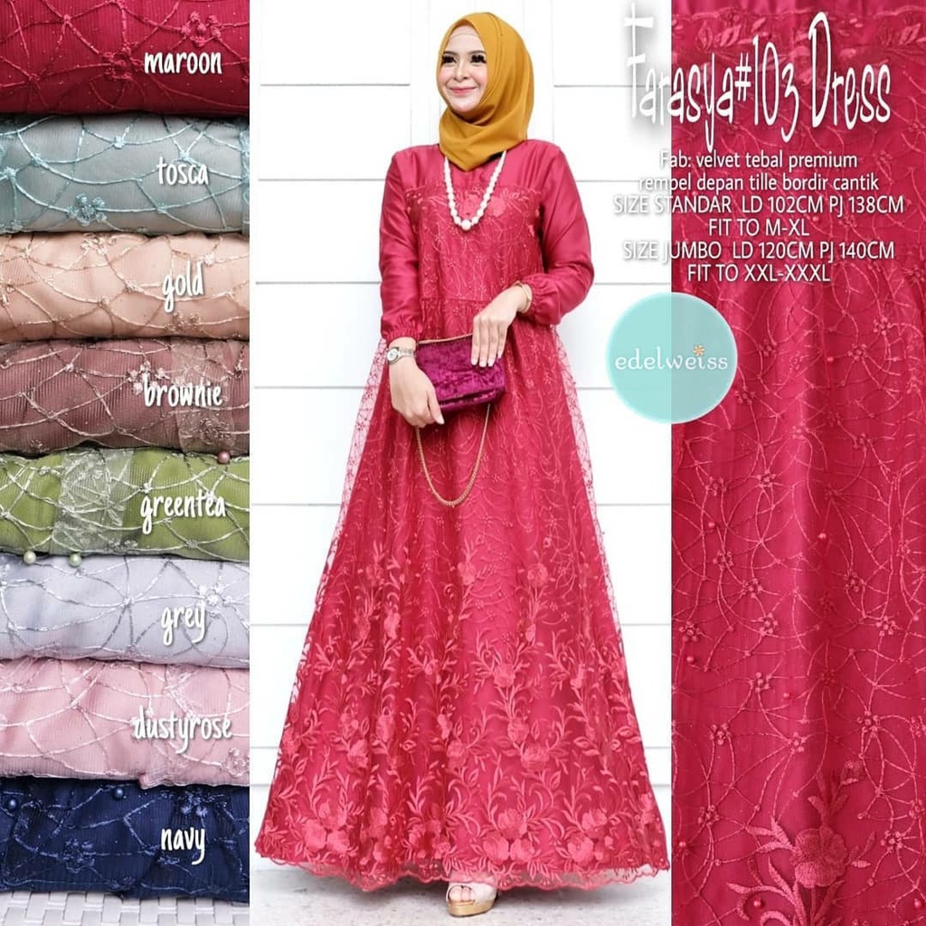 Farasya #103 Dress Brukat Tile Mutiara Selma Maxy Annisa Maxy Gamis Remaja Muslimah Terbaru Gaun Pesta Resepsi Pernikahan Dress Brukat Tile Wedding Dress Party Mewah Outfit Bridesmaid Terbaru Warna Putih Greentea Maroon Rose Gold