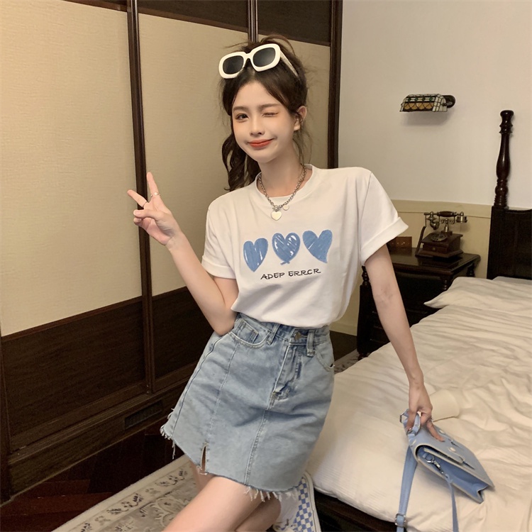 100% cotton baju kaos wanita lengan pendek korean style blue heart graffiti print t-shirt import kaos puith ootd