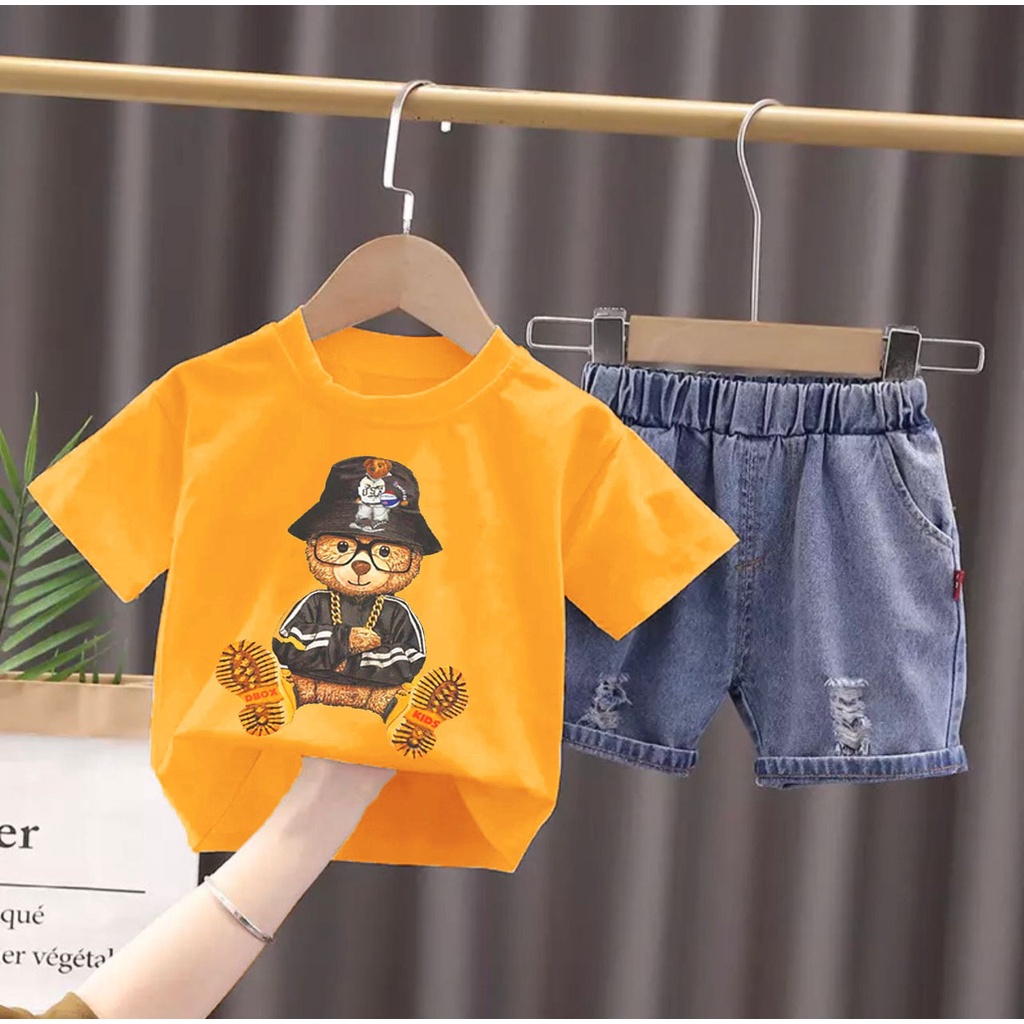 PROMO-SETELAN ANAK SETELAN KAOS CELANA PENDEK DENIM ANAK UMUR 1-5 TAHUN SETELAN MOTIF BEAR COOL BAJU PAKAIAN ANAK LAKI LAKI PEREMPUAN TERBARU OUTFIT ANAK MASA KINI CELANA DENIM TERMURAH