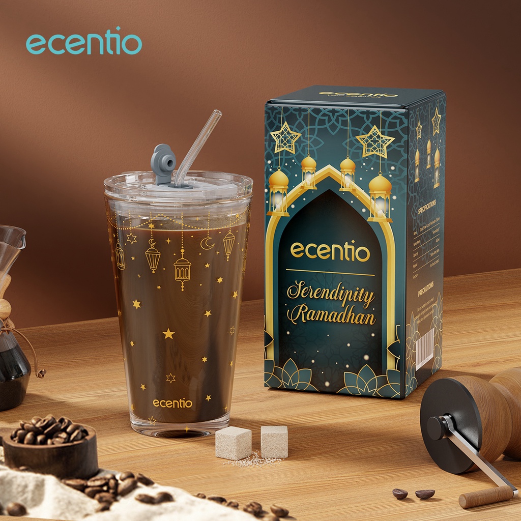 ecentio Tumbler Gelas Kopi Kaca 450/370/350ml Bening Gelas Free Sedotan Dan Tutup Anti Bocor Mug Coffee Botol Minum Cup Souvenir Hadiah