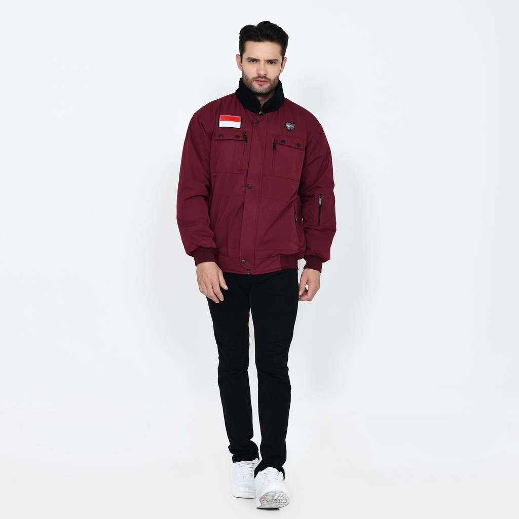Jaket Bomber Parka Distro Pria Premium Indonesia Merah Kerah Bulu