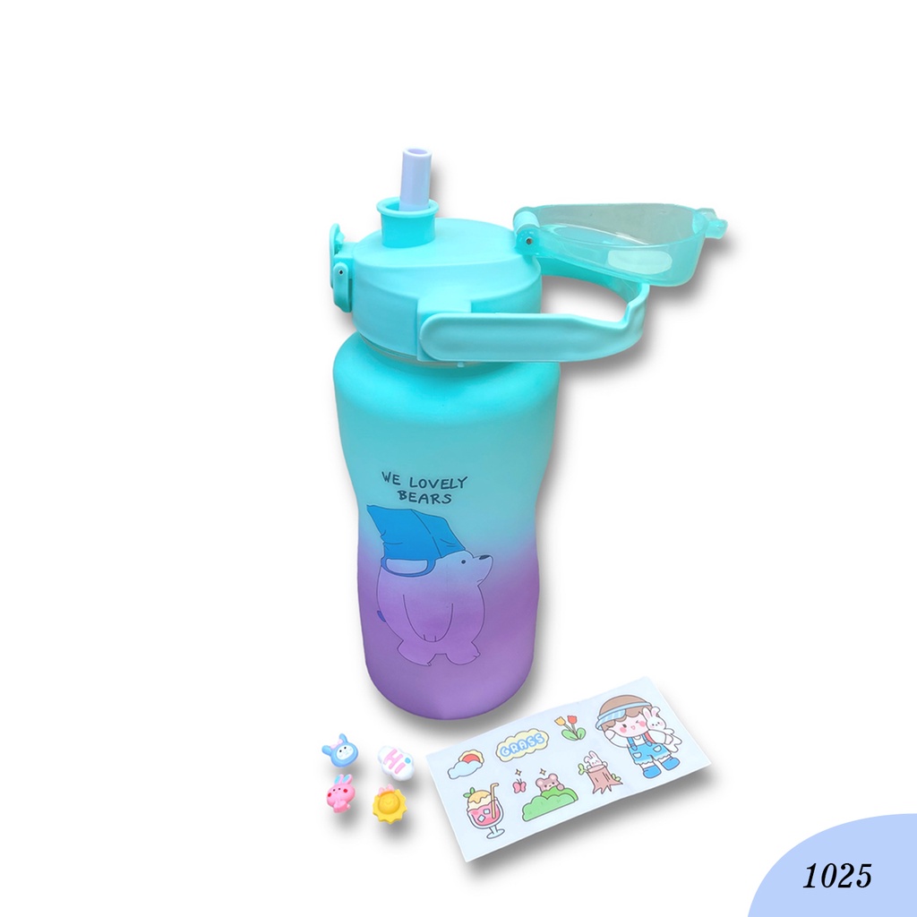 Botol Minuman We Babe Bears Free Sticker 2D &amp; 3D Kode 1025 Food Grade Bebas BPA Ukuran 2 Liter Botol Minum Viral Motivasi Dengan Penanda Waktu-Botol Couple Pasangan Gradasi Anti Bocor Awet Tahan Lama
