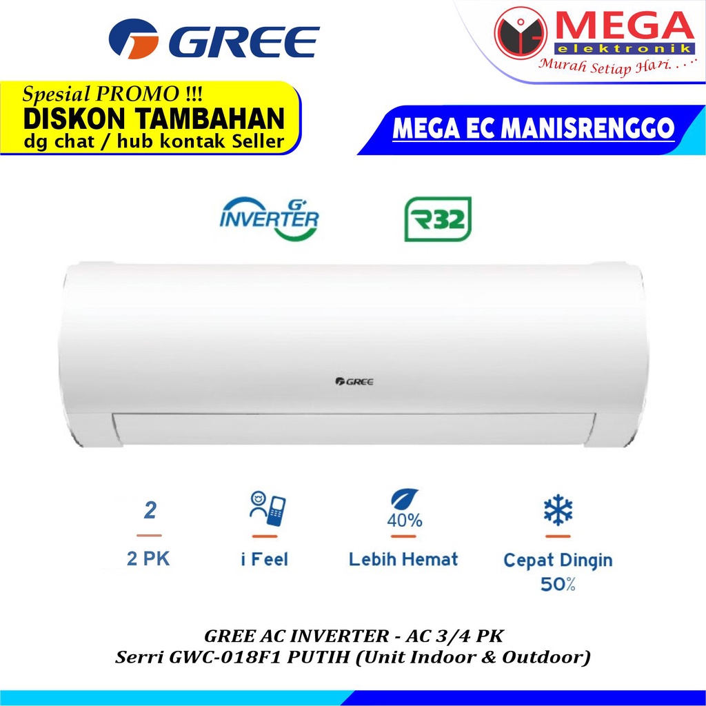 AC INVERTER GREE  2PK SERI GWC-18FI PUTIH (UNIT INDOOR & OUTDOOR)