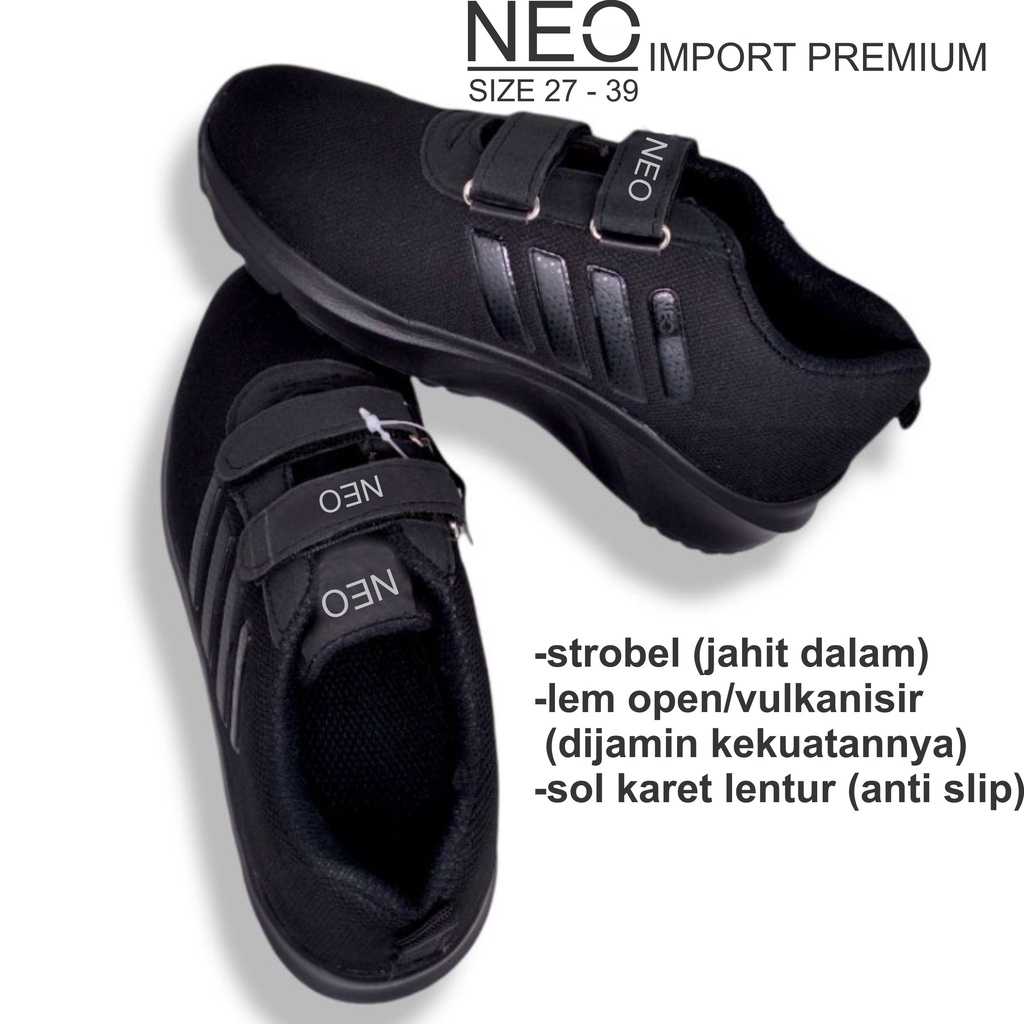 sepatu sneakers tanpa tali velcro / sepatu anak laki perempuran full hitam / sepatu sekolah full hitam paud tk sd smp ukuran 27 - 38