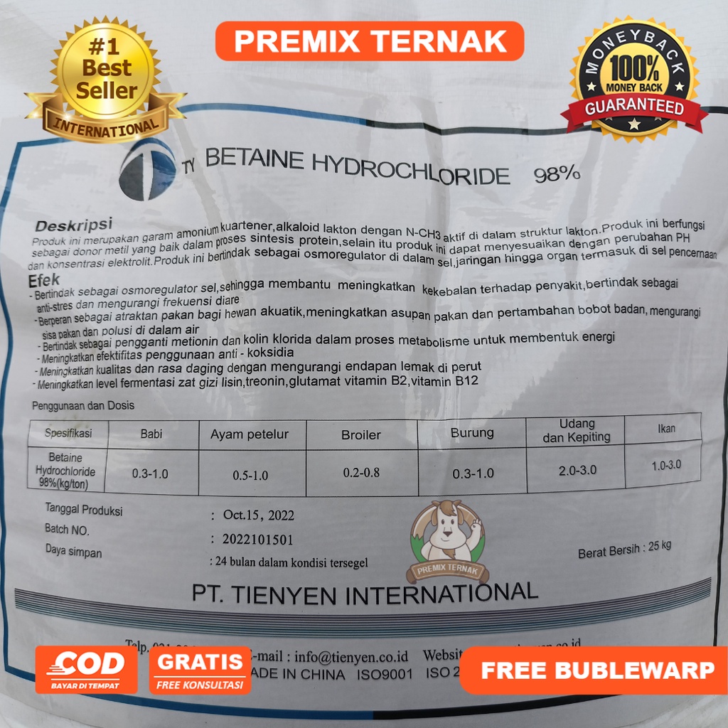 BETAINE HCL 1 KG - Super Amino Protein &amp; Atraktan Hewan Ayam Layer Broiler Burung Udang Kepiting Ikan - Betain - Betain Hcl