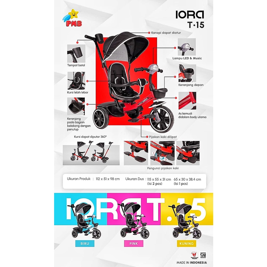 Sepeda Anak Roda 3 Kanopi Baby Tricycle PMB IORA T15 Sepeda Roda Tiga